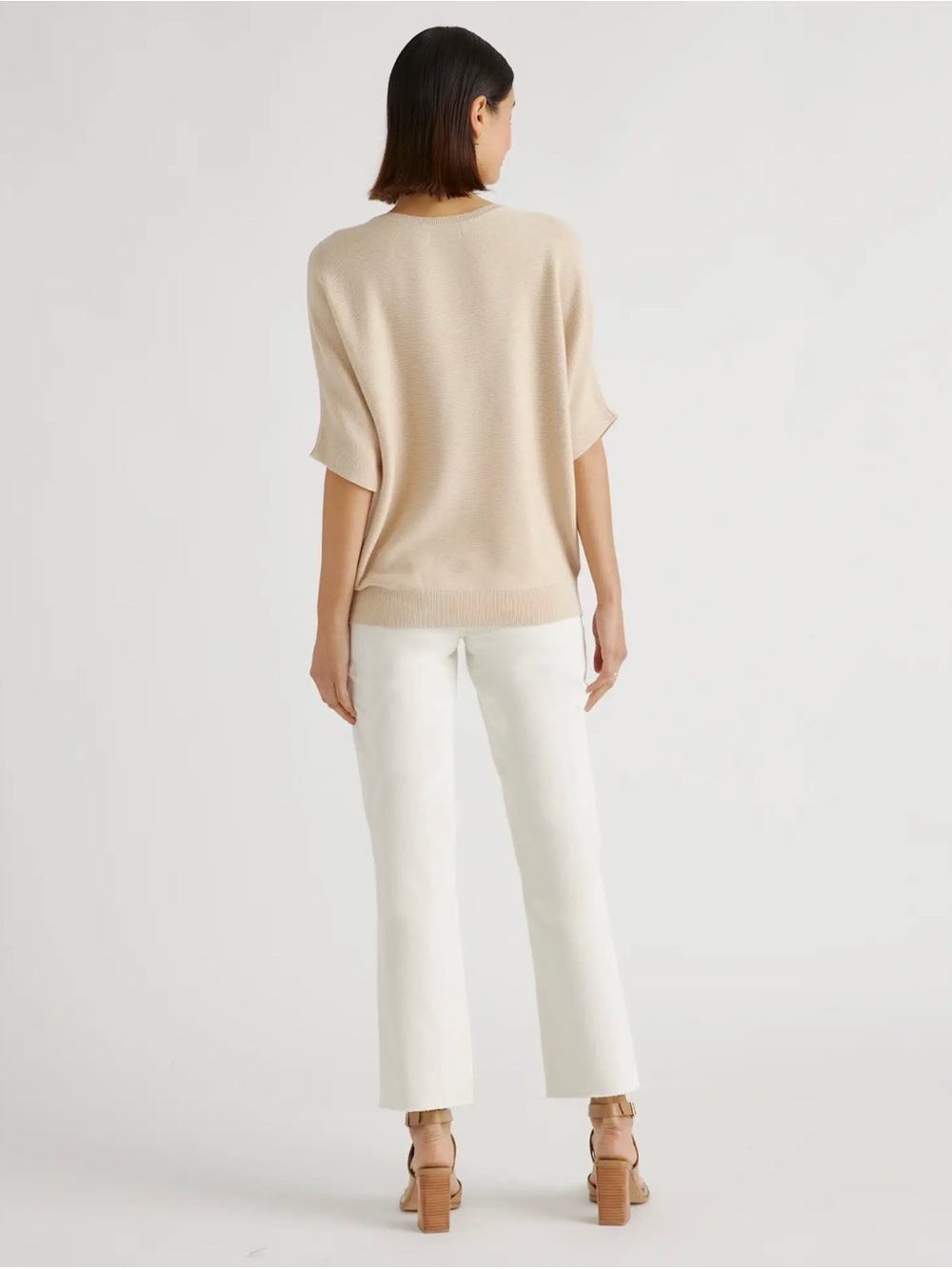 Quince Heather Oatmeal Cotton Cashmere Link-Stitch Short Sleeve Dolman Sweater L - Picture 2 of 10